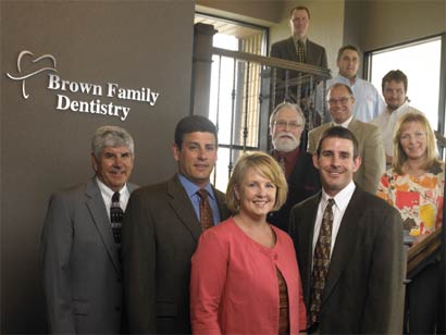 Left to right: Dr. Tim Brown, Dr. Tip Brown, Dr. Dawn Brown, Dr. Tyler Brown; Dan Kroeger, Equipment Sales Specialist; Cindi Matt, Interior Designer; Paul Batley, Regional Manager, Bob Ross, Lead Equipment Service Technician; Dick Johnson, Equipment Service Technician; Todd Gregory, Field Sales Consultant