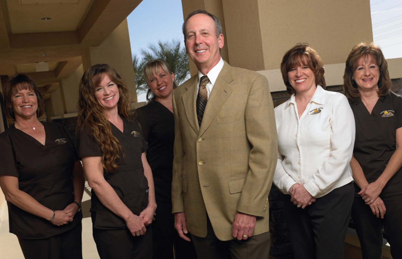 Left to right: Stephanie, RDH; Caren, Chairside Assistant; Emily, Chairside Assistant; Dr. Van Dyke; Jane, Appointment Coordinator and Financial Coordinator; and Cathy, RDH