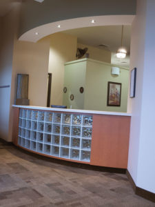 The roomy reception area seats 15 comfortably and the glass block embedded into the front desk adds architectural interest.