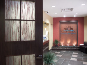 The 8-ft. water wall is an eye-catching feature at the office’s entry.