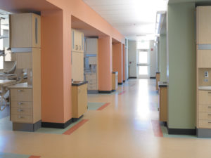 Large hallways allow for smooth patient flow and feature a kid-friendly color scheme.