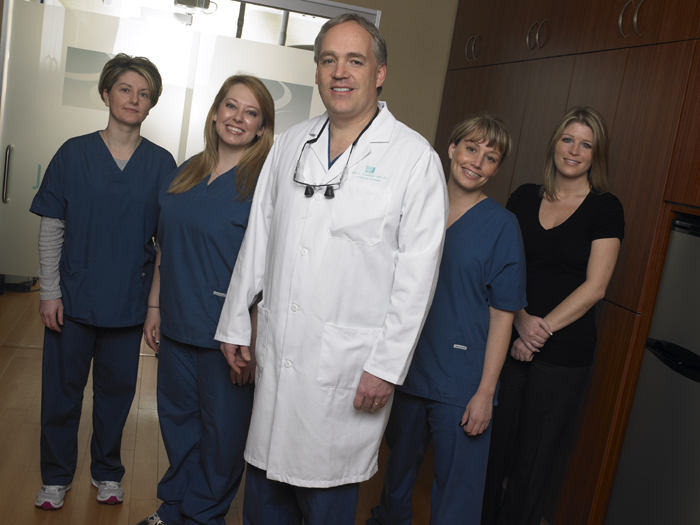 Anne Ellison, Chairside Assistant; Kelly Brown, Hygienist; Dr. John Cranham; Mariah Scofield, Assistant; Sarah McCutcheon, Office Manager