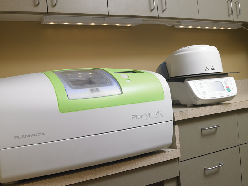 One of the greatest benefits of the move was the upgraded lab space, which is larger and built specifically to hold the practice’s CAD/CAM system. The Planmeca PlanMill no longer sits unused on a cramped counter like it used to, but is now used effectively to fabricate in-house restorations.