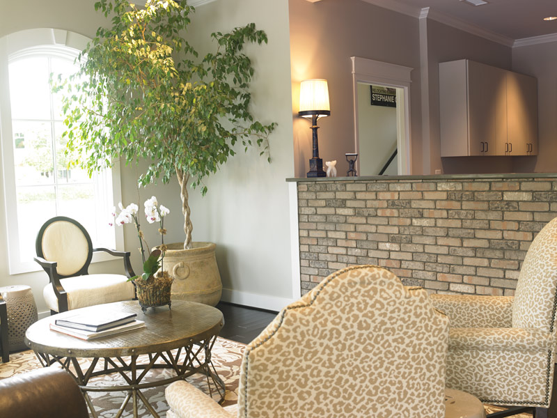 The reception area is casual, yet refined. With its animal print upholstery, serene brown tones and comfortable furnishings, it feels more like a home than a clinical setting.